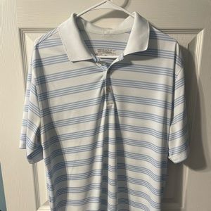 Nike Golf shirt. White and blue stripes. Size Large Smoke free.